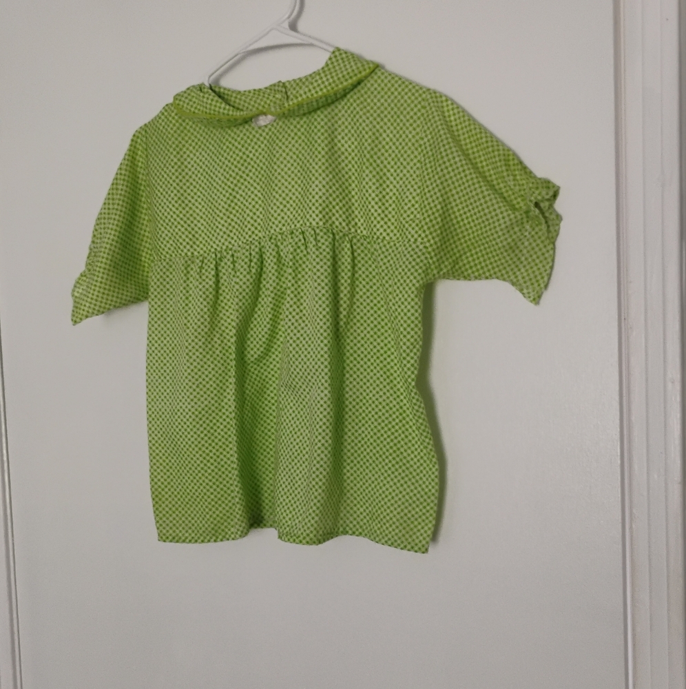 Vintage 1960s 1970s Green and White Gingham Babydoll Puff Sleeve Blouse Top